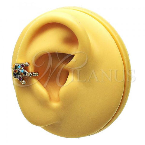 Oro Laminado Earcuff Earring, Gold Filled Style Crown Design, with Multicolor Micro Pave, Polished, Golden Finish, 02.210.0686.1