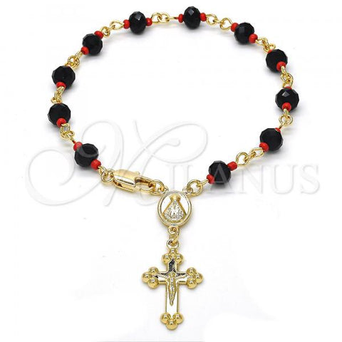 Oro Laminado Bracelet Rosary, Gold Filled Style Caridad del Cobre and Crucifix Design, with Black and Orange Red Azavache, Polished, Golden Finish, 09.63.0110.08