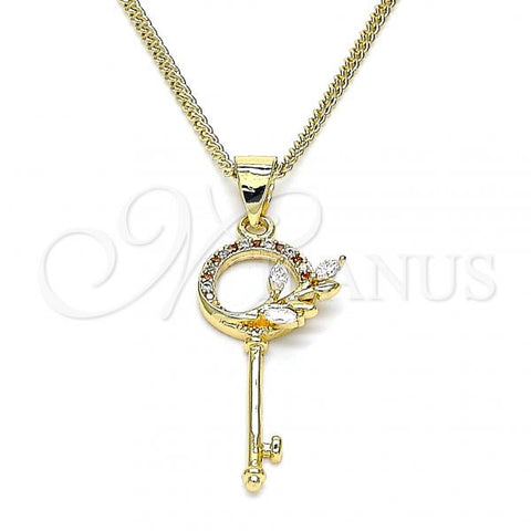 Oro Laminado Pendant Necklace, Gold Filled Style key and Leaf Design, with Garnet and White Micro Pave, Polished, Golden Finish, 04.156.0433.1.20