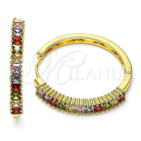 Oro Laminado Huggie Hoop, Gold Filled Style Baguette Design, with Multicolor Cubic Zirconia, Polished, Golden Finish, 02.210.0105.1.35