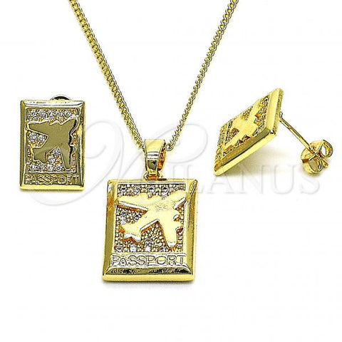 Oro Laminado Earring and Pendant Adult Set, Gold Filled Style Airplane Design, with White Micro Pave, Polished, Golden Finish, 10.193.0003