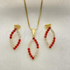 Oro Laminado Earring and Pendant Adult Set, Gold Filled Style Box and Leaf Design, with Garnet and White Cubic Zirconia, Polished, Golden Finish, 10.58.0023