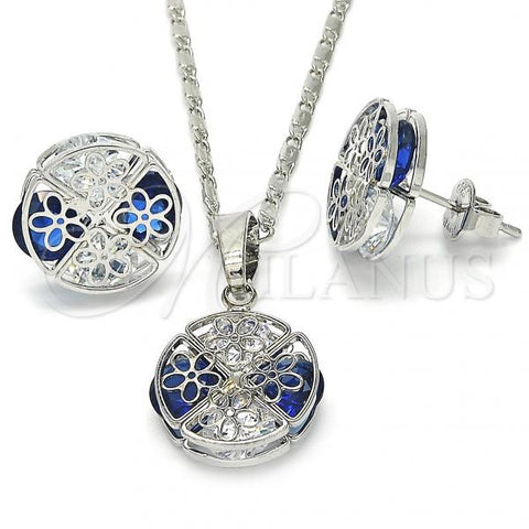 Rhodium Plated Earring and Pendant Adult Set, Flower Design, with Sapphire Blue and White Cubic Zirconia, Polished, Rhodium Finish, 10.106.0003.3