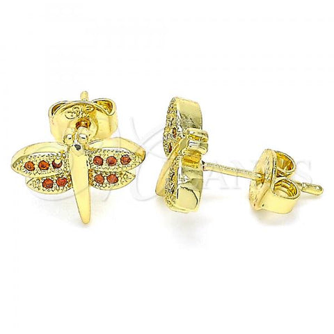 Oro Laminado Stud Earring, Gold Filled Style Dragon-Fly Design, with Garnet Micro Pave, Polished, Golden Finish, 02.156.0470.2