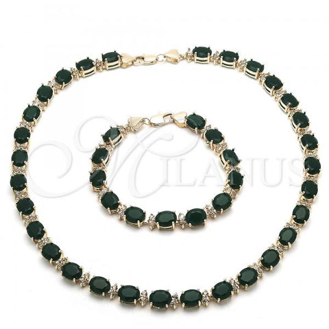Oro Laminado Necklace and Bracelet, Gold Filled Style Heart Design, with Green and White Cubic Zirconia, Polished, Golden Finish, 06.284.0006.1