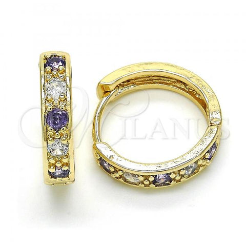 Oro Laminado Huggie Hoop, Gold Filled Style with Amethyst and White Cubic Zirconia, Polished, Golden Finish, 02.210.0052.3.20