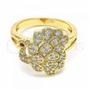 Oro Laminado Multi Stone Ring, Gold Filled Style Peacock Design, with White and Garnet Cubic Zirconia, Polished, Golden Finish, 01.365.0015.09 (Size 9)