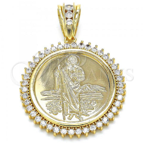 Oro Laminado Religious Pendant, Gold Filled Style San Judas and Centenario Coin Design, with White Cubic Zirconia, Polished, Golden Finish, 05.63.1160