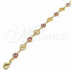 Oro Laminado Fancy Anklet, Gold Filled Style Evil Eye and Four-leaf Clover Design, Red Resin Finish, Golden Finish, 03.326.0011.1.10