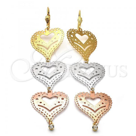 Oro Laminado Long Earring, Gold Filled Style Heart and Flower Design, with White Cubic Zirconia, Diamond Cutting Finish, Tricolor, 5.091.004