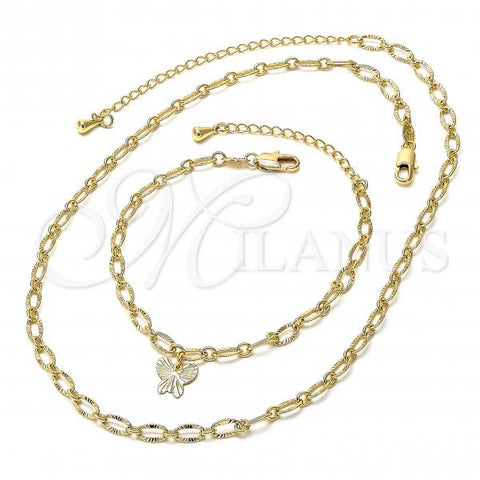 Oro Laminado Necklace and Bracelet, Gold Filled Style Butterfly Design, Diamond Cutting Finish, Golden Finish, 04.63.0199