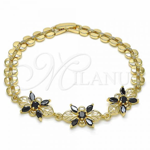 Oro Laminado Fancy Bracelet, Gold Filled Style Flower Design, with Black Cubic Zirconia, Polished, Golden Finish, 03.357.0009.3.07
