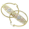 Oro Laminado Large Hoop, Gold Filled Style Guadalupe and Flower Design, Diamond Cutting Finish, Tricolor, 02.380.0093.50