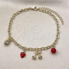 Oro Laminado Charm Anklet , Gold Filled Style Rolo Design, with White Micro Pave and Garnet Pearl, Red Enamel Finish, Golden Finish, 03.213.0364.10