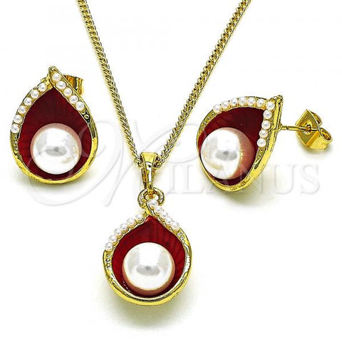 Oro Laminado Earring and Pendant Adult Set, Gold Filled Style Teardrop Design, with Ivory Pearl, Red Enamel Finish, Golden Finish, 10.379.0055