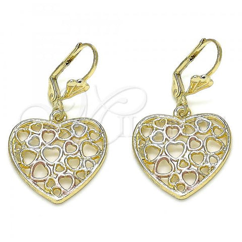 Oro Laminado Dangle Earring, Gold Filled Style Heart Design, Polished, Tricolor, 02.351.0069