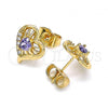 Oro Laminado Stud Earring, Gold Filled Style Heart Design, with Amethyst and White Cubic Zirconia, Polished, Golden Finish, 02.387.0013.1