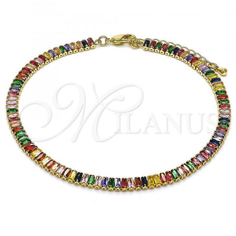 Oro Laminado Fancy Anklet, Gold Filled Style Baguette Design, with Multicolor Cubic Zirconia, Polished, Golden Finish, 03.130.0008.4.10