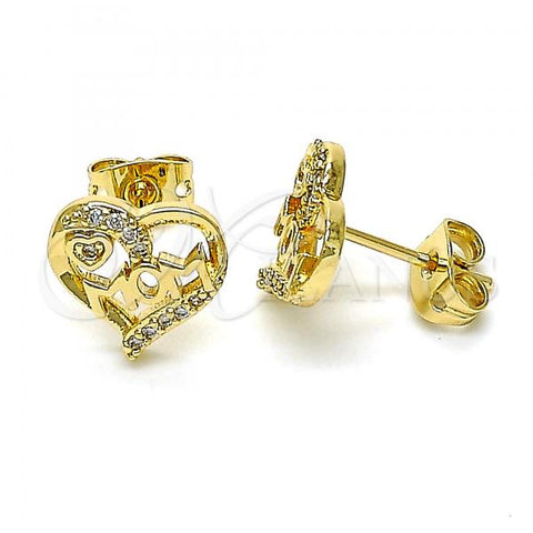 Oro Laminado Stud Earring, Gold Filled Style Mom and Heart Design, with White Micro Pave, Polished, Golden Finish, 02.342.0068