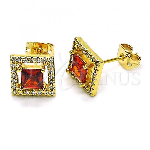 Oro Laminado Stud Earring, Gold Filled Style with Garnet Cubic Zirconia and White Micro Pave, Polished, Golden Finish, 02.342.0208.1