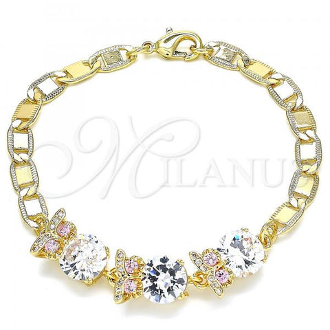 Oro Laminado Fancy Bracelet, Gold Filled Style Owl Design, with Pink and White Cubic Zirconia, Polished, Golden Finish, 03.63.2135.2.07