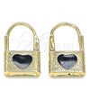Oro Laminado Huggie Hoop, Gold Filled Style Lock and Heart Design, with White Micro Pave, Black Enamel Finish, Golden Finish, 02.213.0210.10