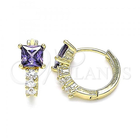 Oro Laminado Huggie Hoop, Gold Filled Style with Amethyst and White Cubic Zirconia, Polished, Golden Finish, 02.210.0606.3.12