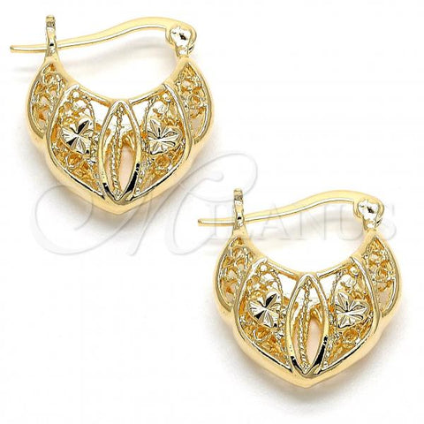 Oro Laminado Small Hoop, Gold Filled Style Filigree and Flower Design, Diamond Cutting Finish, Golden Finish, 5.151.018.1