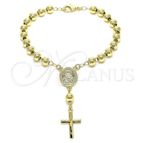 Oro Laminado Bracelet Rosary, Gold Filled Style Virgen Maria and Cross Design, Polished, Golden Finish, 09.213.0019.08