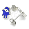 Sterling Silver Stud Earring, Hand of God Design, Blue Enamel Finish, Rhodium Finish, 02.336.0161