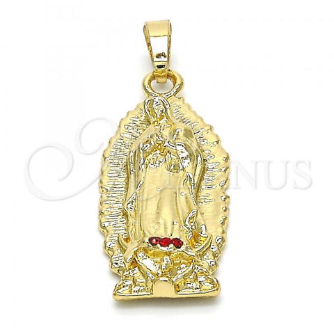 Oro Laminado Religious Pendant, Gold Filled Style Guadalupe Design, with Garnet Crystal, Polished, Golden Finish, 05.213.0035