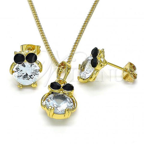 Oro Laminado Earring and Pendant Adult Set, Gold Filled Style Owl Design, with Black and White Crystal, Polished, Golden Finish, 10.379.0002