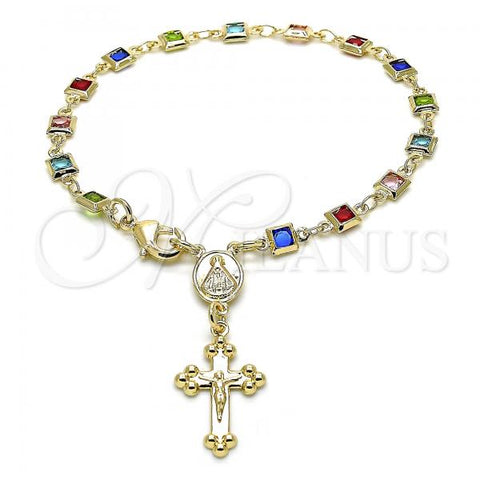 Oro Laminado Bracelet Rosary, Gold Filled Style Caridad del Cobre and Crucifix Design, with Multicolor Crystal, Polished, Golden Finish, 09.326.0004.07