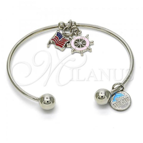 Rhodium Plated Individual Bangle, Dolphin Design, with White Crystal, Multicolor Enamel Finish, Rhodium Finish, 07.179.0006.1 (02 MM Thickness, One size fits all)
