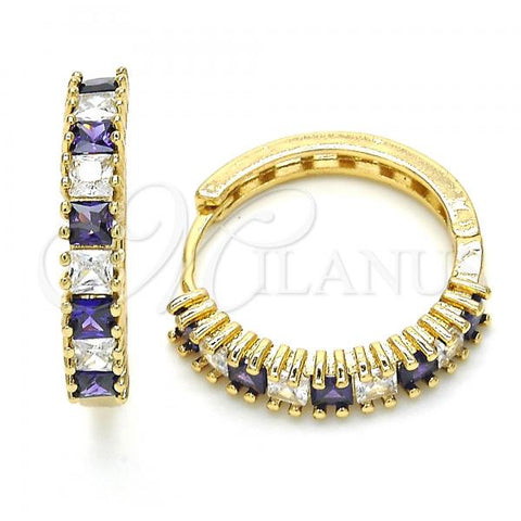 Oro Laminado Huggie Hoop, Gold Filled Style with Amethyst and White Cubic Zirconia, Polished, Golden Finish, 02.210.0105.2.25