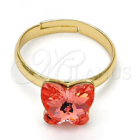 Oro Laminado Multi Stone Ring, Gold Filled Style Butterfly Design, with Rose Peach Swarovski Crystals, Polished, Golden Finish, 01.239.0007.6 (One size fits all)