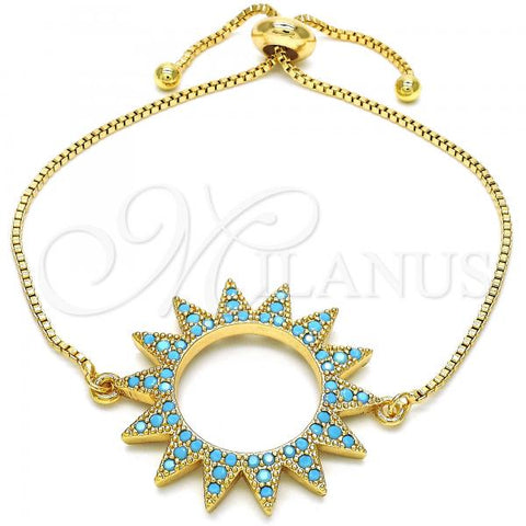 Oro Laminado Adjustable Bolo Bracelet, Gold Filled Style with Turquoise Cubic Zirconia, Polished, Golden Finish, 03.316.0026.1.10
