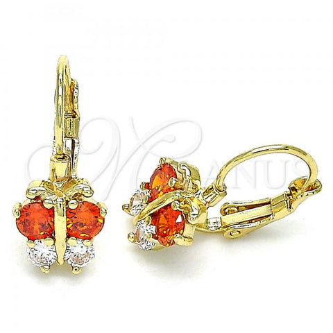 Oro Laminado Leverback Earring, Gold Filled Style Butterfly Design, with Garnet and White Cubic Zirconia, Polished, Golden Finish, 02.210.0381.1