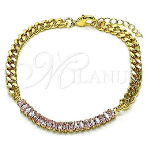 Oro Laminado Fancy Bracelet, Gold Filled Style Miami Cuban Design, with Pink Cubic Zirconia, Polished, Golden Finish, 03.130.0010.3.07