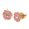 Oro Laminado Stud Earring, Gold Filled Style Flower Design, with White Crystal, Pink Enamel Finish, Golden Finish, 02.64.0261 *PROMO*