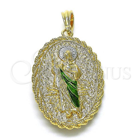 Oro Laminado Religious Pendant, Gold Filled Style Guadalupe and San Judas Design, Diamond Cutting Finish, Tricolor, 05.196.0008.1