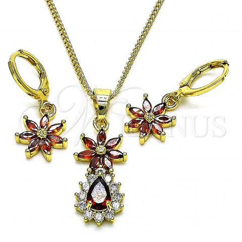 Oro Laminado Earring and Pendant Adult Set, Gold Filled Style Flower and Teardrop Design, with Garnet and White Cubic Zirconia, Polished, Golden Finish, 10.316.0065.1