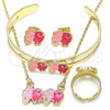 Oro Laminado Necklace, Bracelet, Earring and Ring, Gold Filled Style Elephant Design, Pink Enamel Finish, Golden Finish, 06.361.0011.1
