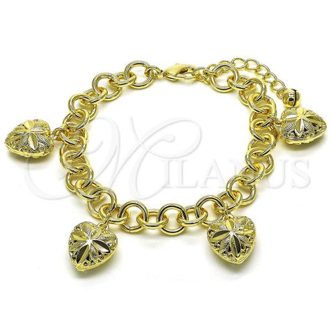 Oro Laminado Charm Bracelet, Gold Filled Style Rolo and Heart Design, Polished, Golden Finish, 03.331.0226.08