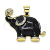 Oro Laminado Fancy Pendant, Gold Filled Style Elephant Design, with White Micro Pave, Black Enamel Finish, Golden Finish, 05.362.0003.5