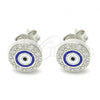 Sterling Silver Stud Earring, Evil Eye Design, with White Micro Pave, Blue Enamel Finish, Rhodium Finish, 02.336.0151