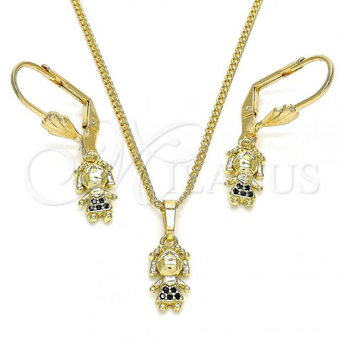 Oro Laminado Earring and Pendant Adult Set, Gold Filled Style Little Girl Design, with Black Micro Pave, Polished, Golden Finish, 10.316.0056.2
