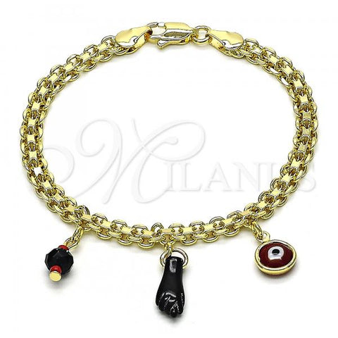 Oro Laminado Charm Bracelet, Gold Filled Style Figa Hand and Evil Eye Design, with Black and Garnet Crystal, Red Enamel Finish, Golden Finish, 03.213.0215.08