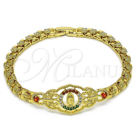 Oro Laminado Fancy Bracelet, Gold Filled Style Guadalupe and Butterfly Design, with Garnet Crystal and Multicolor Cubic Zirconia, Polished, Golden Finish, 03.283.0409.1.07