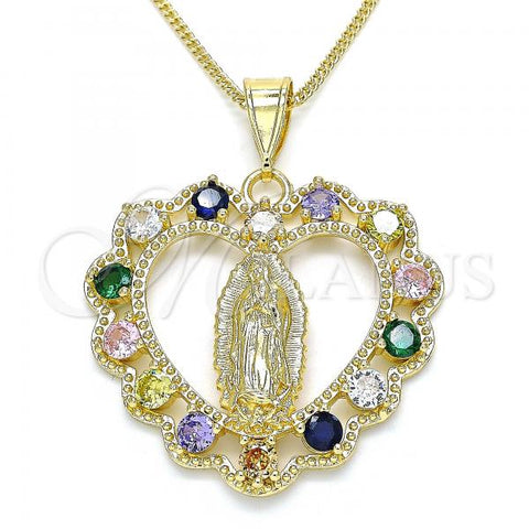 Oro Laminado Pendant Necklace, Gold Filled Style Heart and Guadalupe Design, with Multicolor Cubic Zirconia, Polished, Golden Finish, 04.253.0017.20